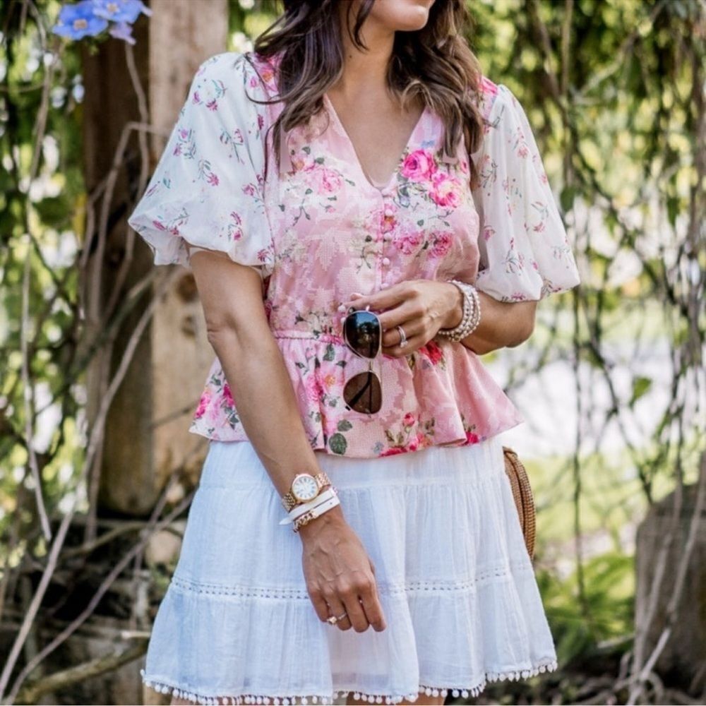 HEMANT & NANDITA Pink Floral V-Neck Peplum Blouse